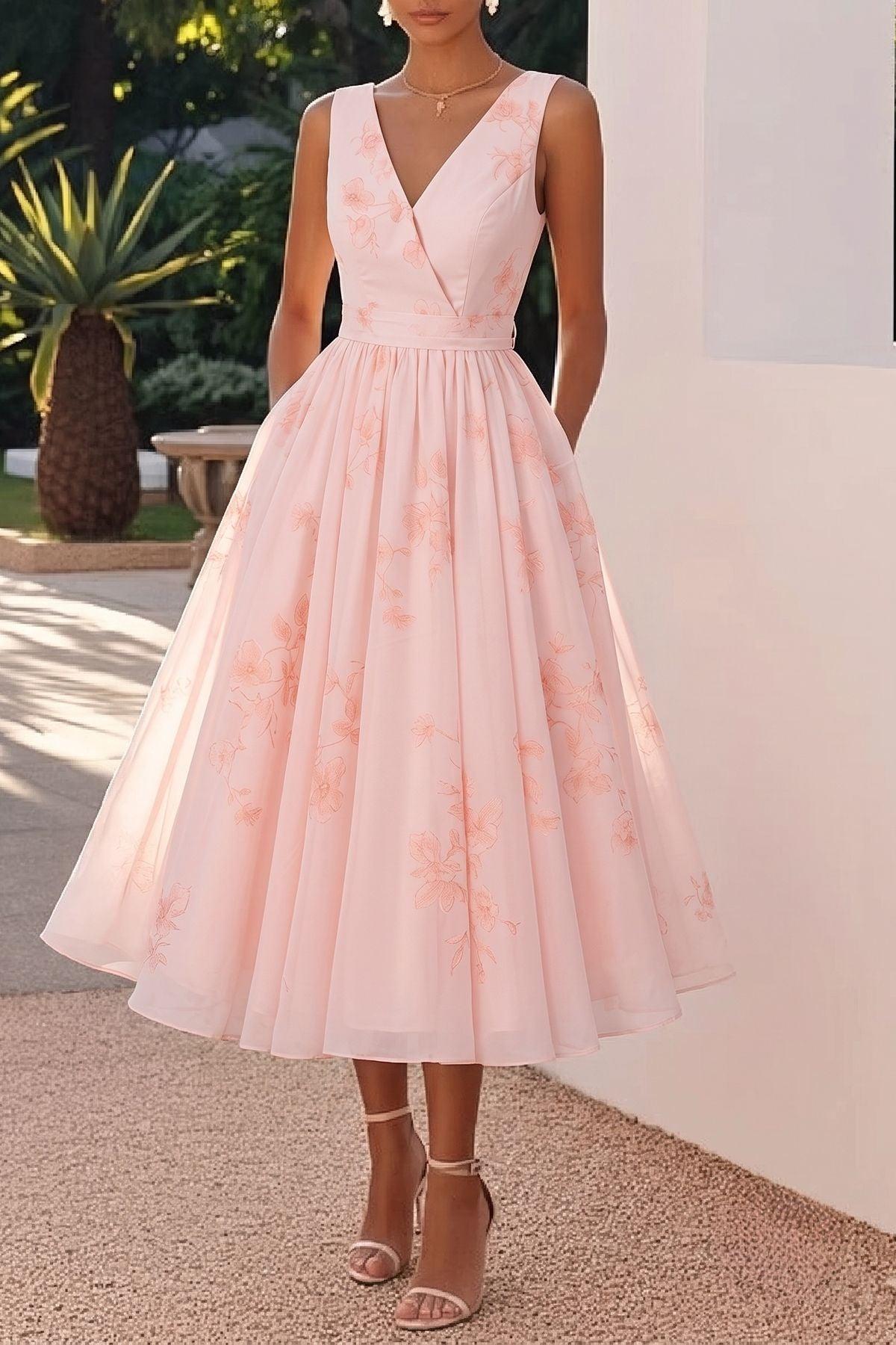 A-Line Tea Length Wedding Guest Dress 936977177647 - Light Pink - COCOMELODY